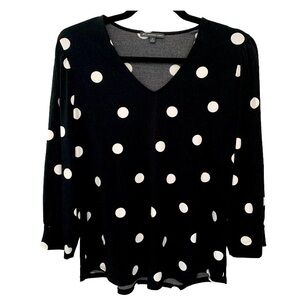 ADRIANNA PAPEL Women’s Blk/Wt Polka Dot‎ Blouse Flowy V-Neck Long Sleeves Cuff M